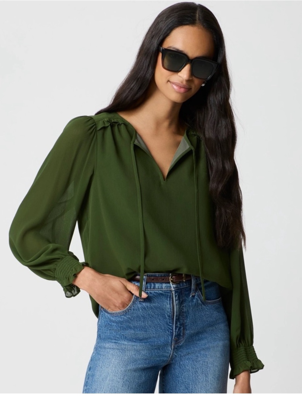 J Crew Tie-front long-sleeve top in Pine Blouse Peasant Sleeve